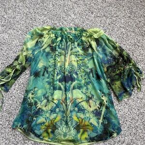 ONE WORLD Vibrant Green and Blue Floral Blouse